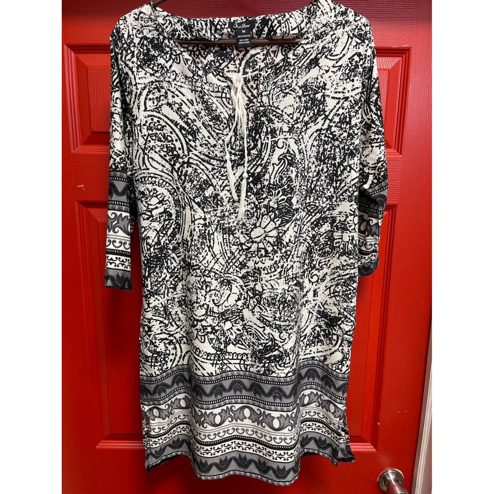5th & Love Black White Paisley Tassel Tie Tunic Dress Medium Boho 3/4 Sleeve